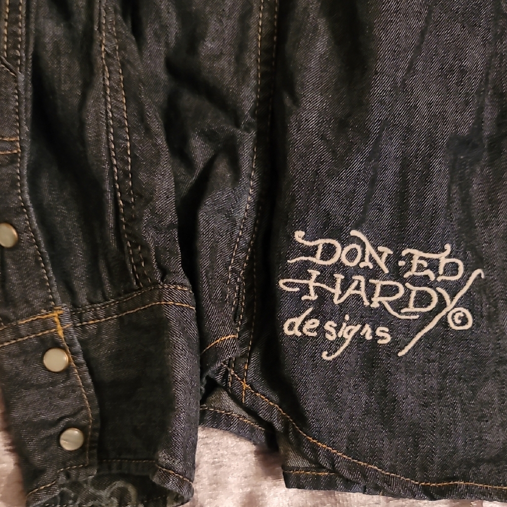 Rare Ed Hardy Men's Large Snap Pearl Dark Denim Shirt - Picture 7 of 10